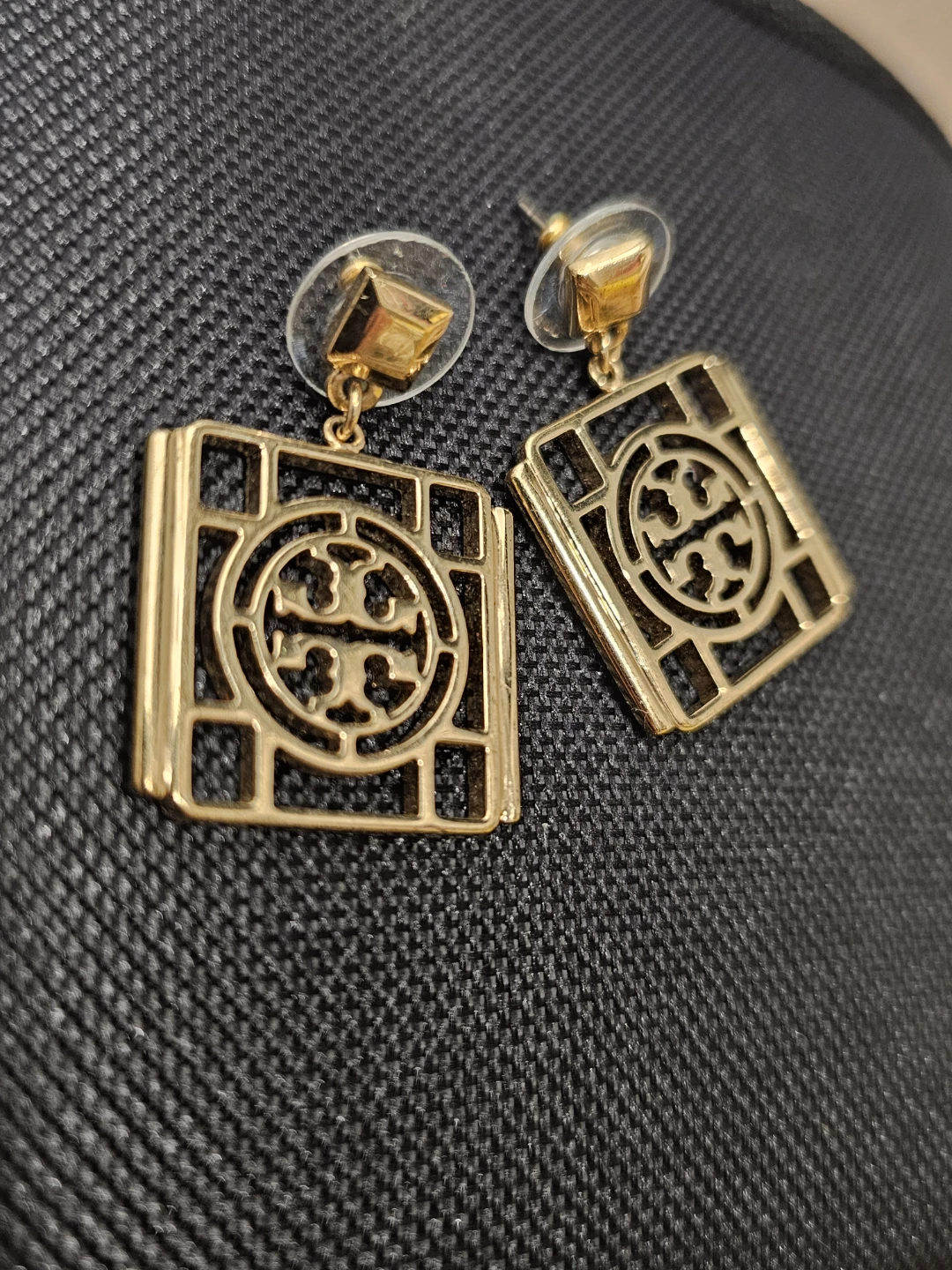 Tory Burch Gold Tone Square Logo Earrings