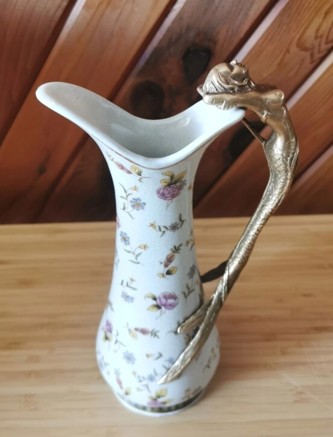 Art Nouveau Porcelain Ewer/Carafe/Vase Bronze Mermaid Handle - photo 2
