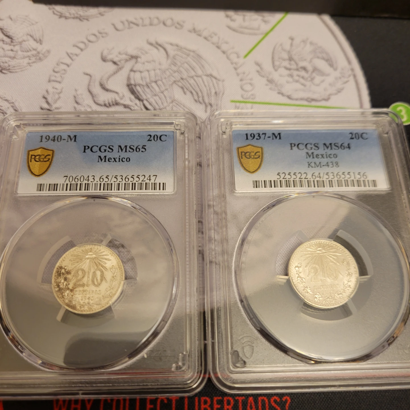 PCGS Graded Mexico 20 Centavos Coins - 1940 MS65 & 1937 MS64