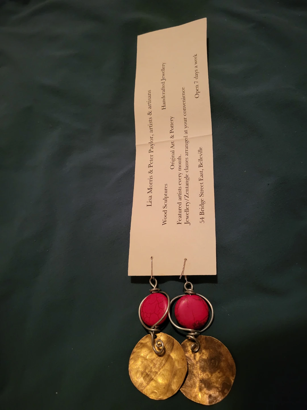 Handcrafted earrings with Red Stones and Hammered Brass Discs - photo 3