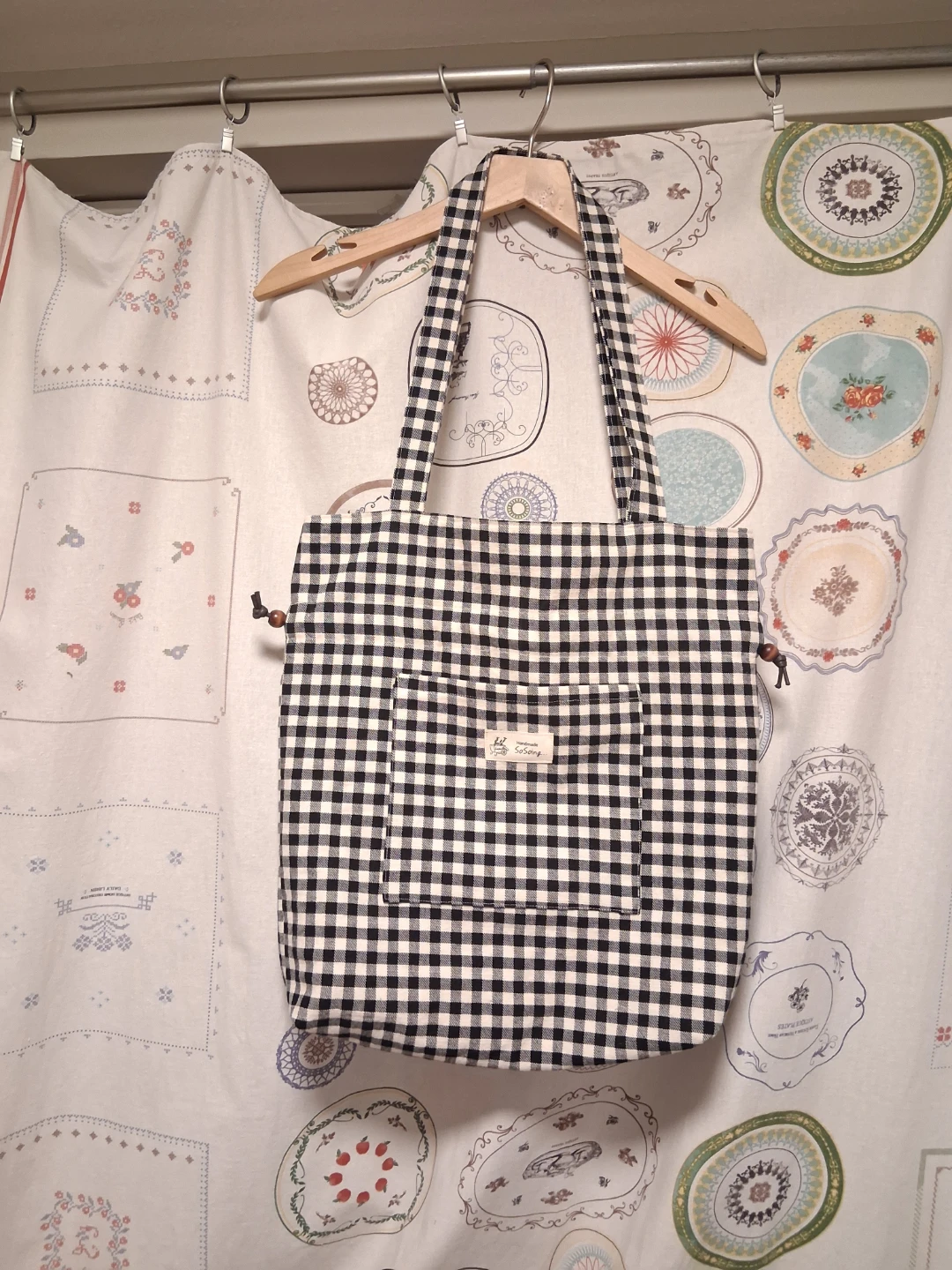 Gingham Tote Bag with Drawstring - photo 2