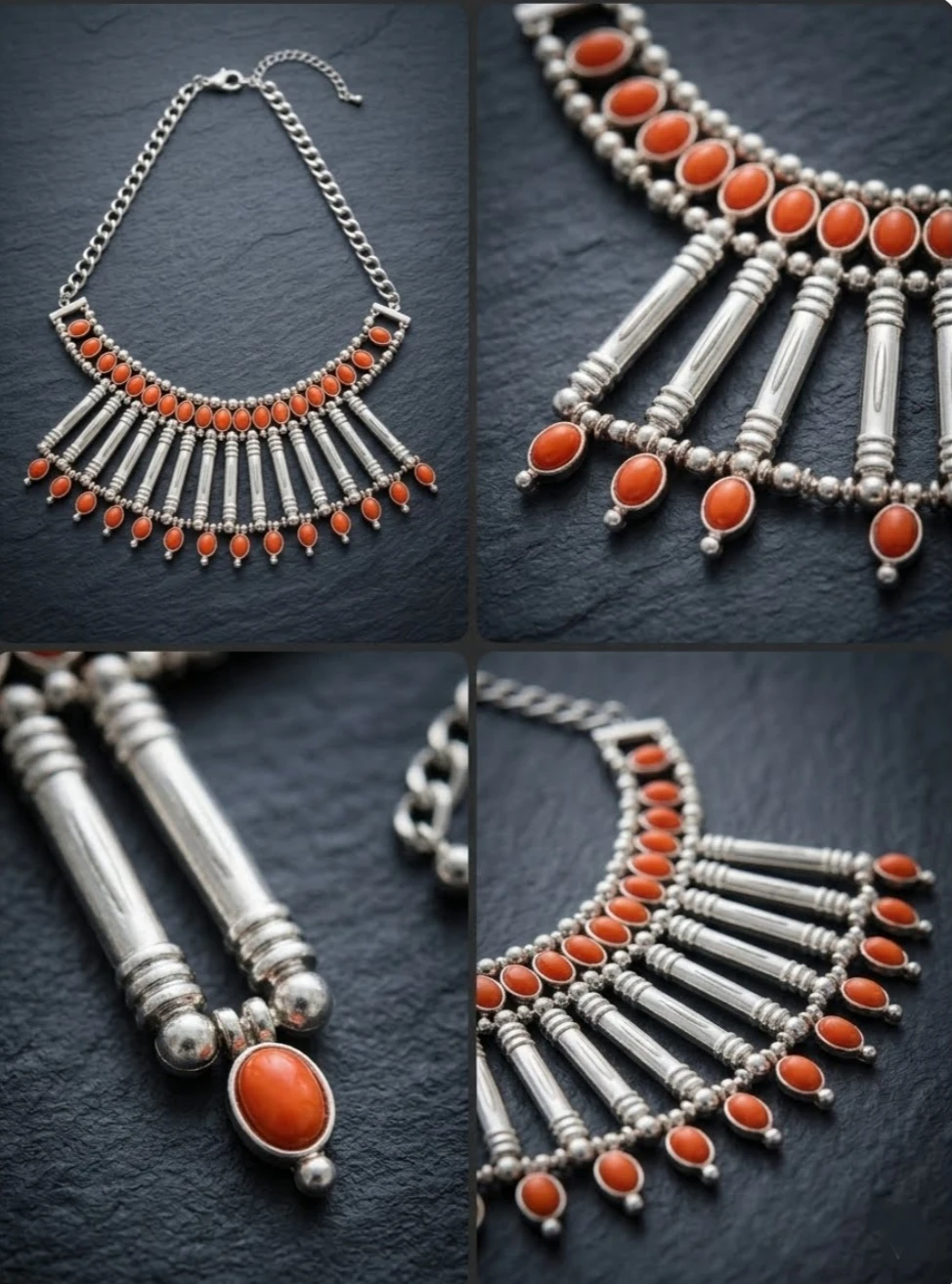 Silver-Tone Statement Necklace with Red-Colored Stones - photo 2