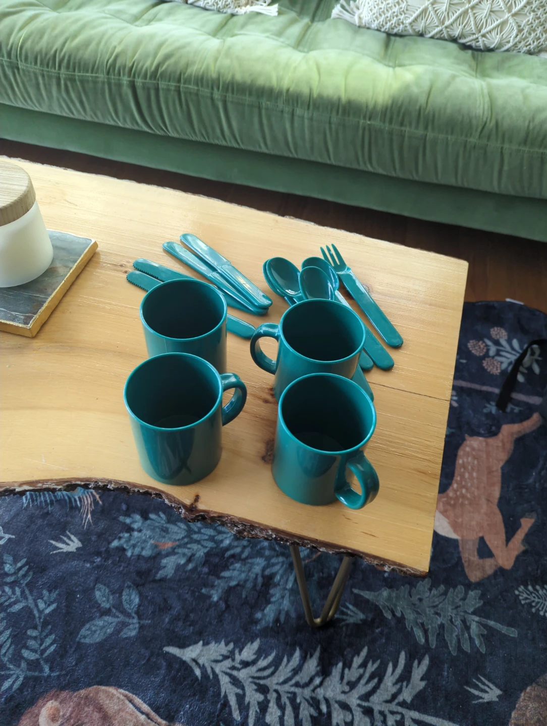 Plastic Teal Mug and Cutlery Set