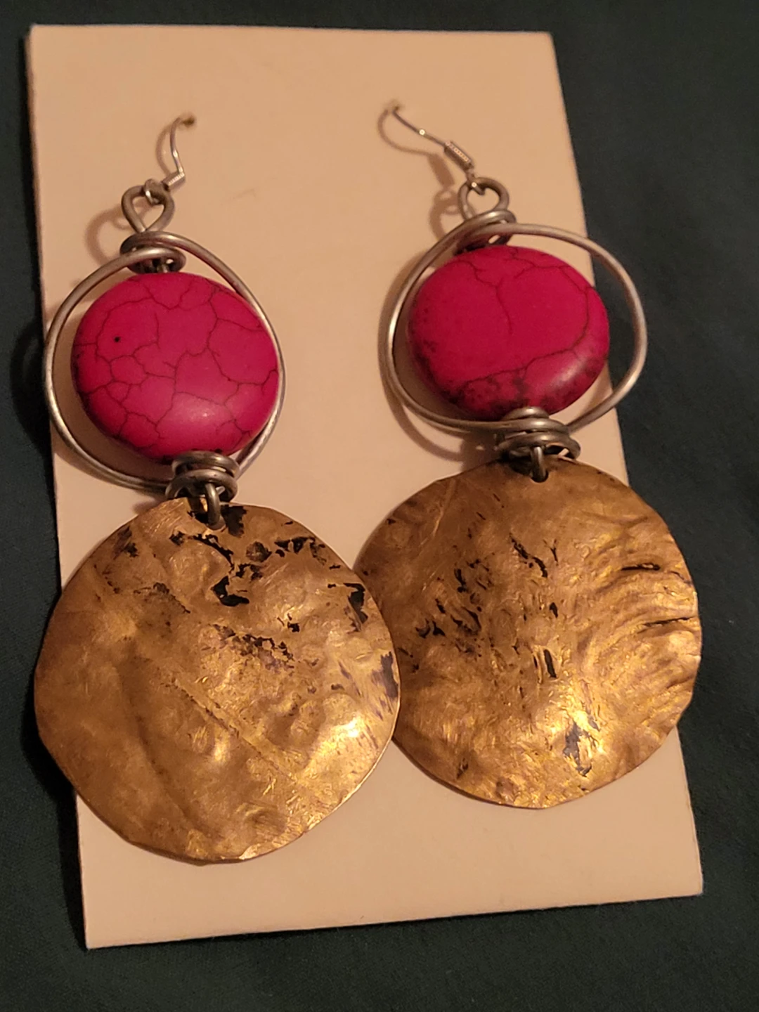 Handcrafted earrings with Red Stones and Hammered Brass Discs