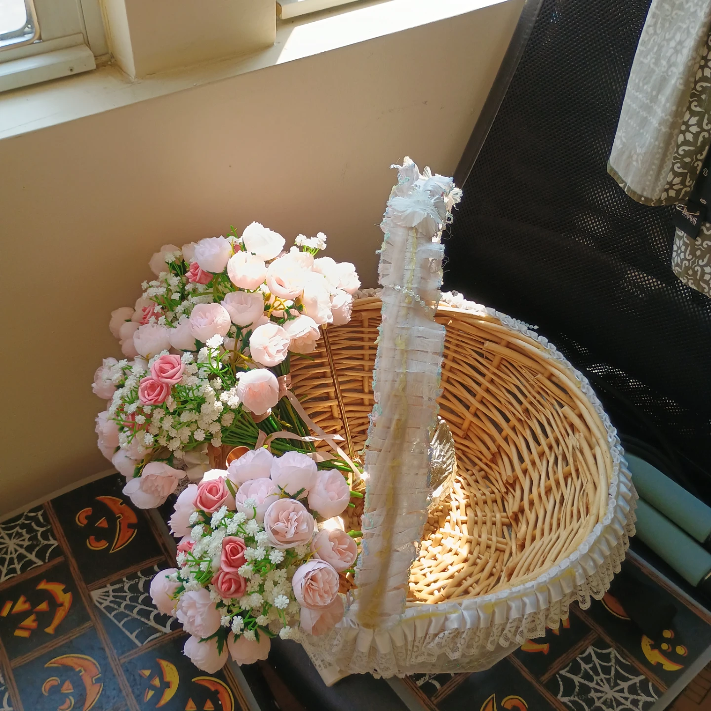 Wicker Basket with Artificial Flower Bouquets