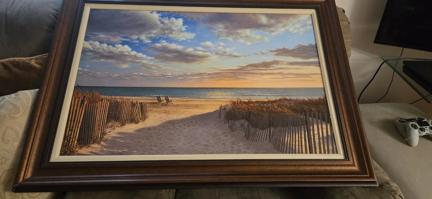Framed Beach Sunset Painting