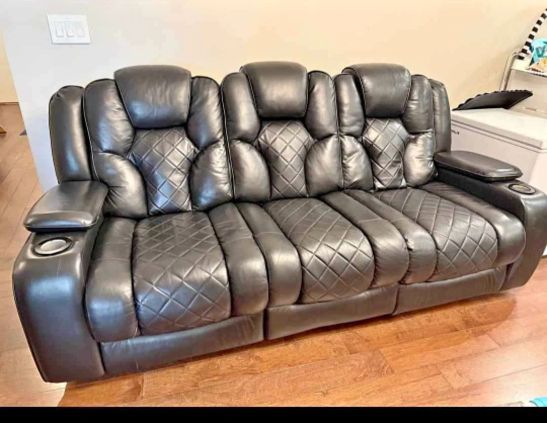 Black Leather Power Reclining Sofa with Cup Holders