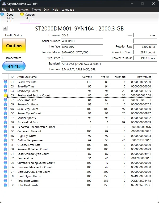 Seagate Barracuda 2TB Internal HDD SMART health status:  Caution - photo 2