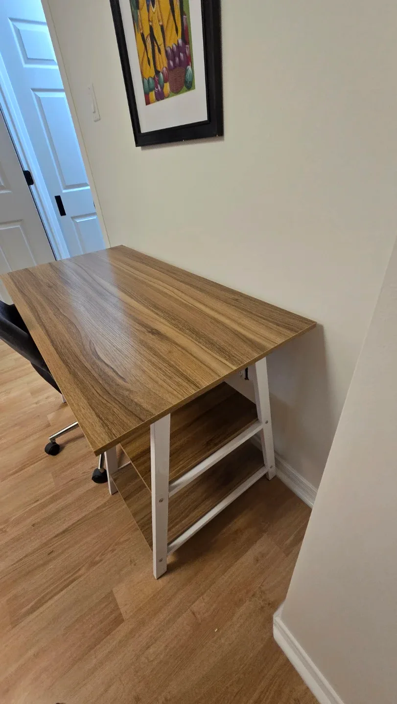 Wooden top desk with white metal frame and shelves - photo 4