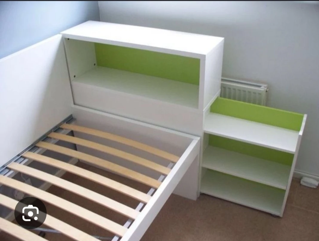 White Twin Bed with Integrated Shelving Unit