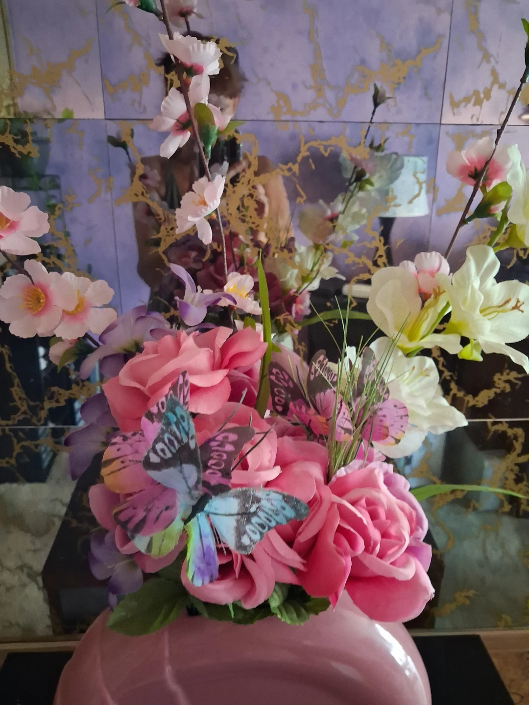 Pink Ceramic Vase with Faux Flowers and Butterflies