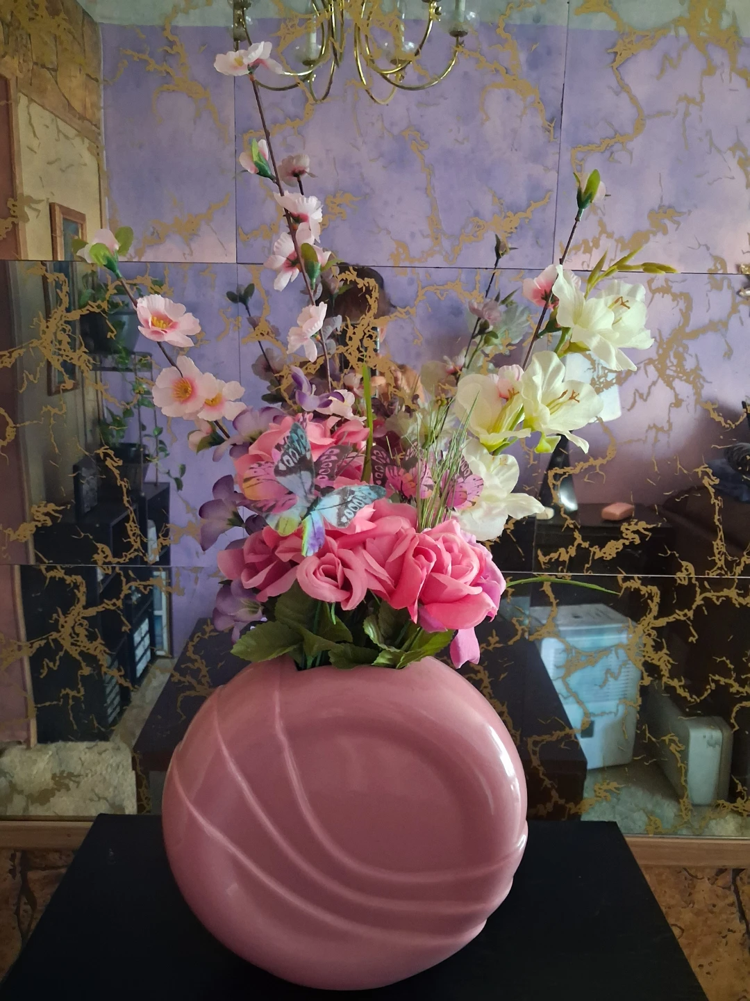 Pink Ceramic Vase with Faux Flowers and Butterflies - photo 2