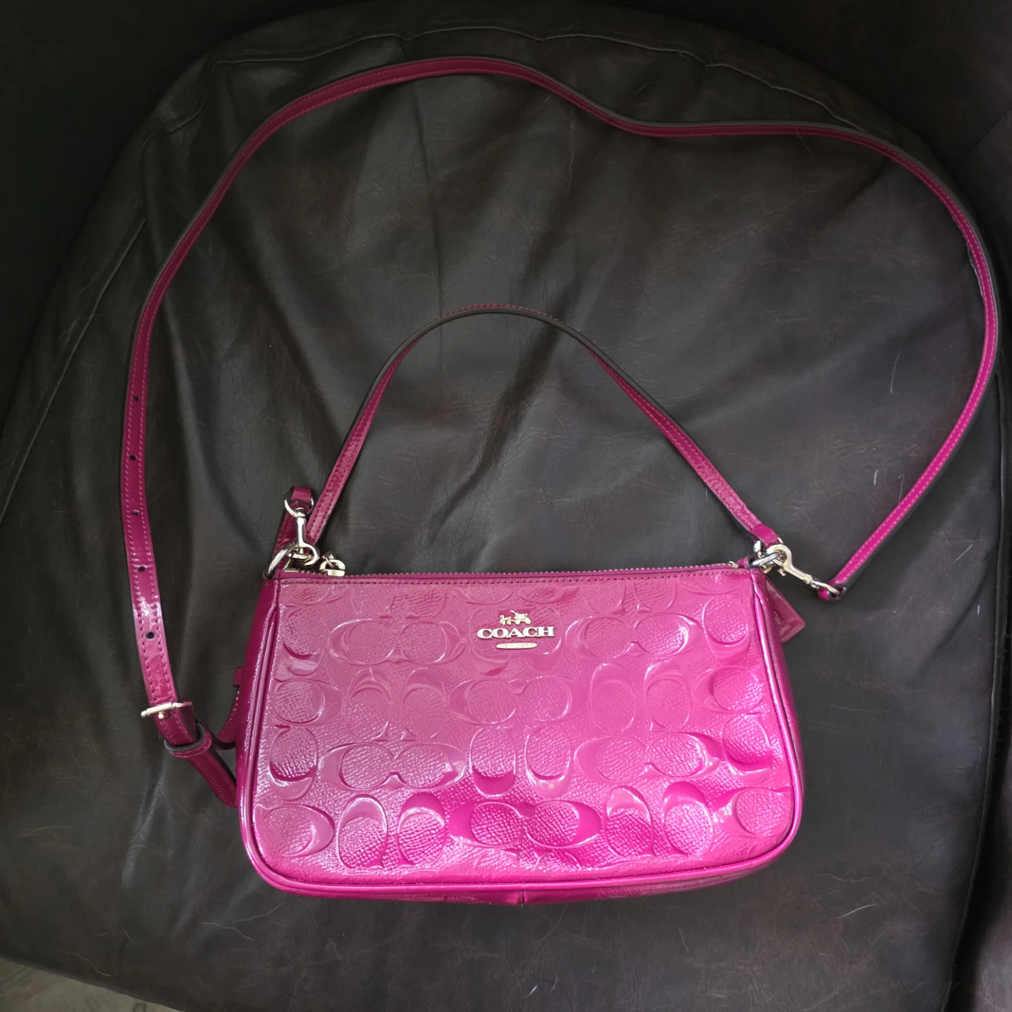 Coach Pink Patent Leather Embossed Wristlet/Crossbody Bag