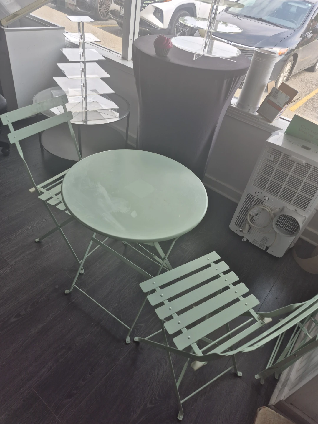 Light Green Metal Bistro Set with Table and Two Chairs