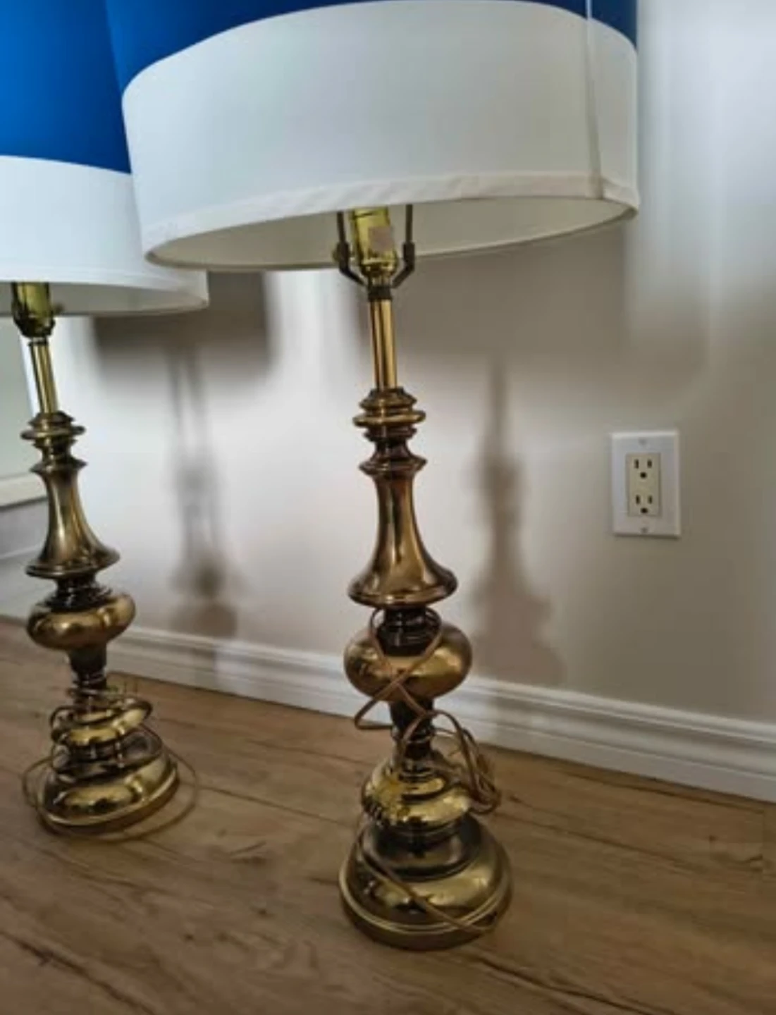 Pair of Brass Table Lamps with Blue and White Shades - photo 2