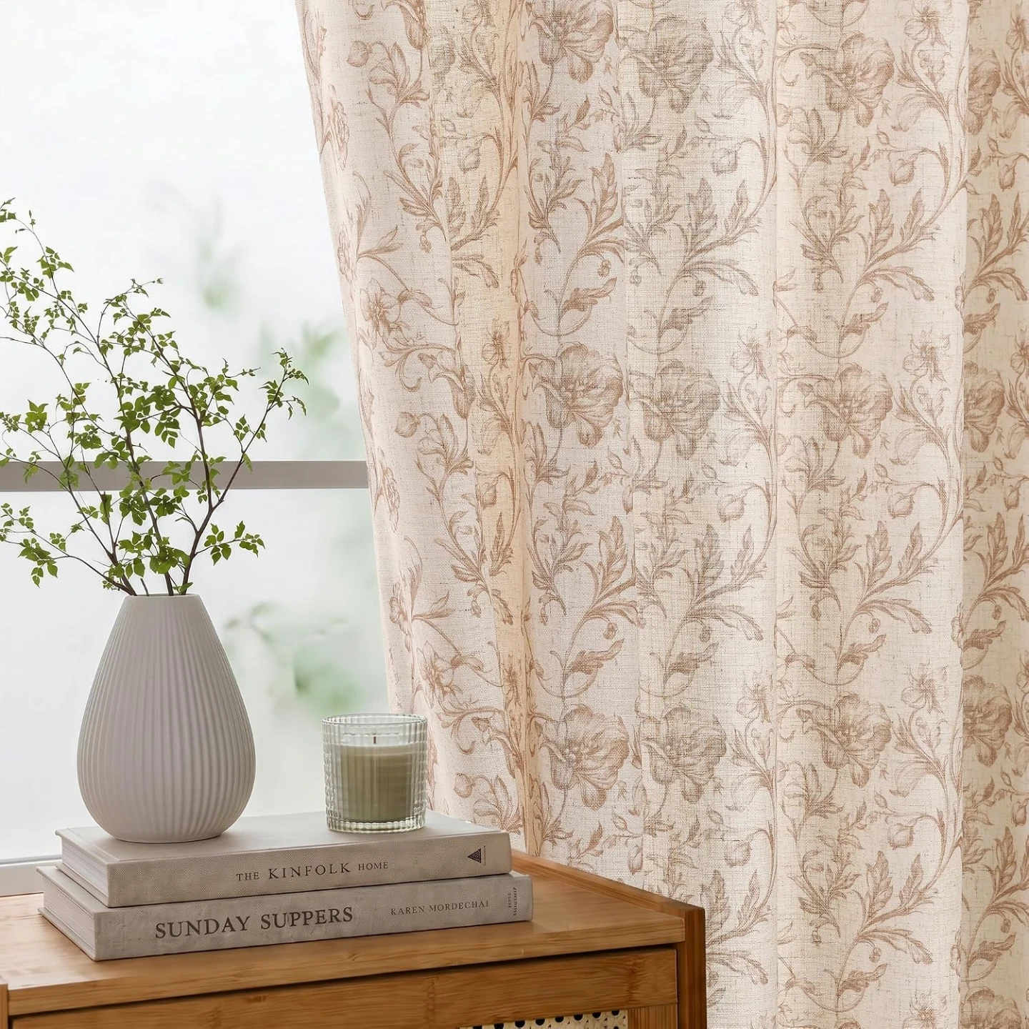 Taupe Floral Linen Curtains - 2 Panels
