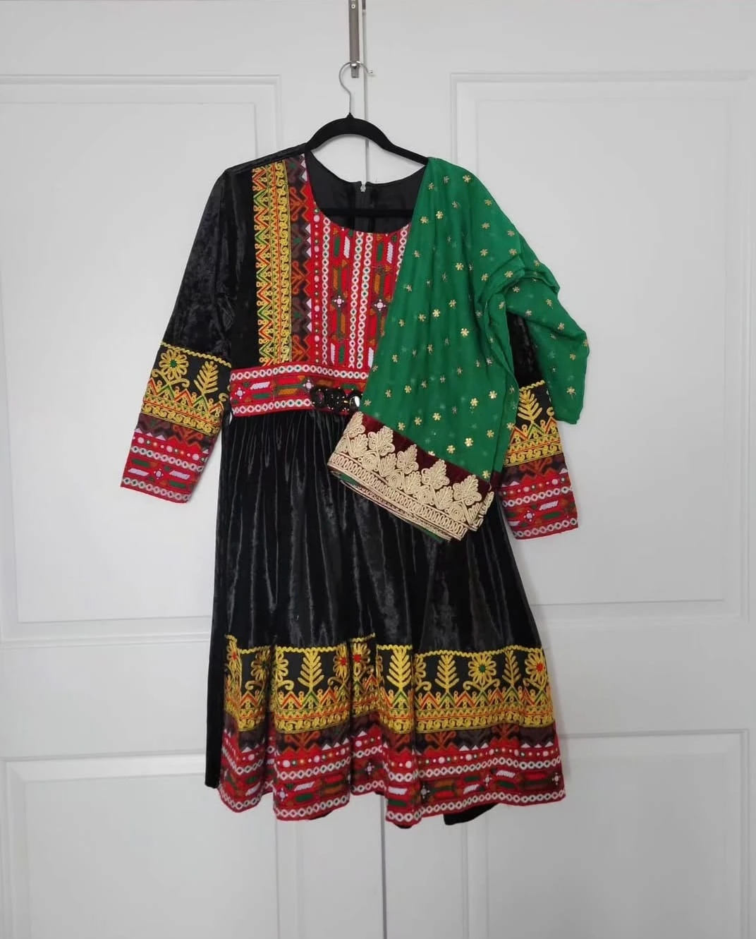 Embroidered Velvet Dress with Scarf