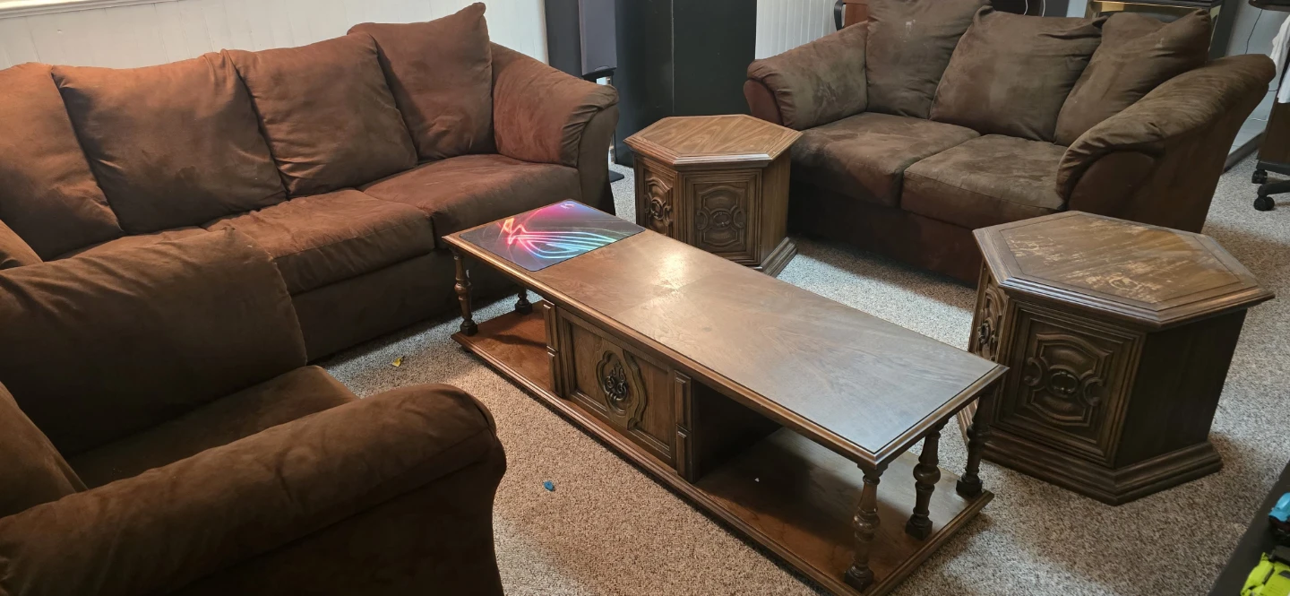 Sofa set, entertainment centre, coffee and end tables