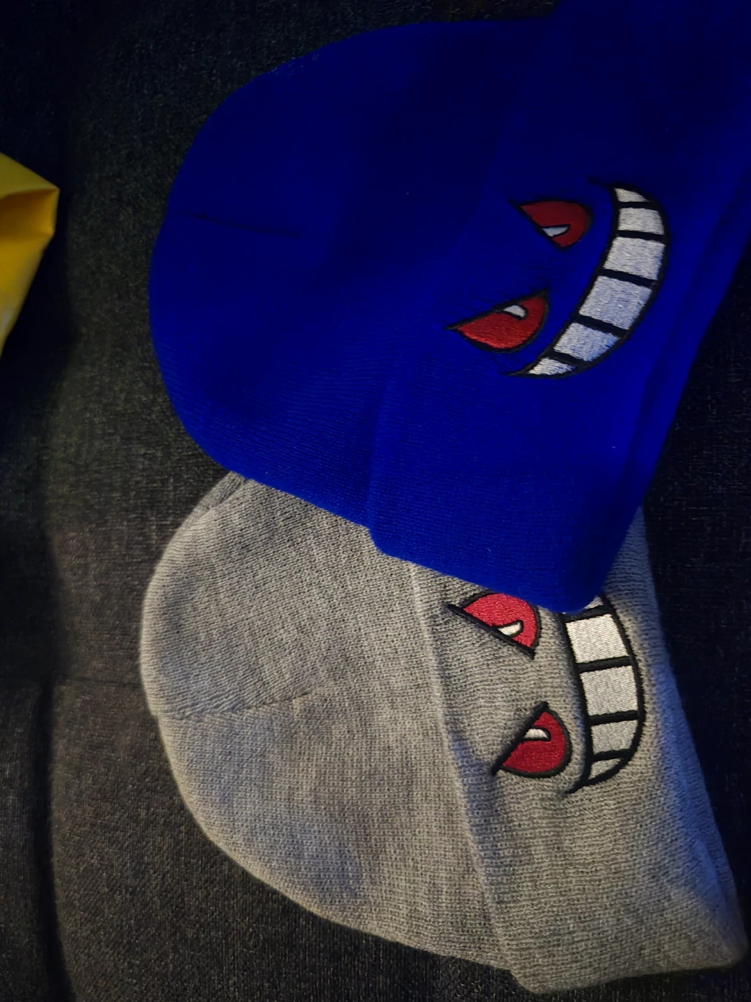 Blue and Grey Beanies with Embroidered Face