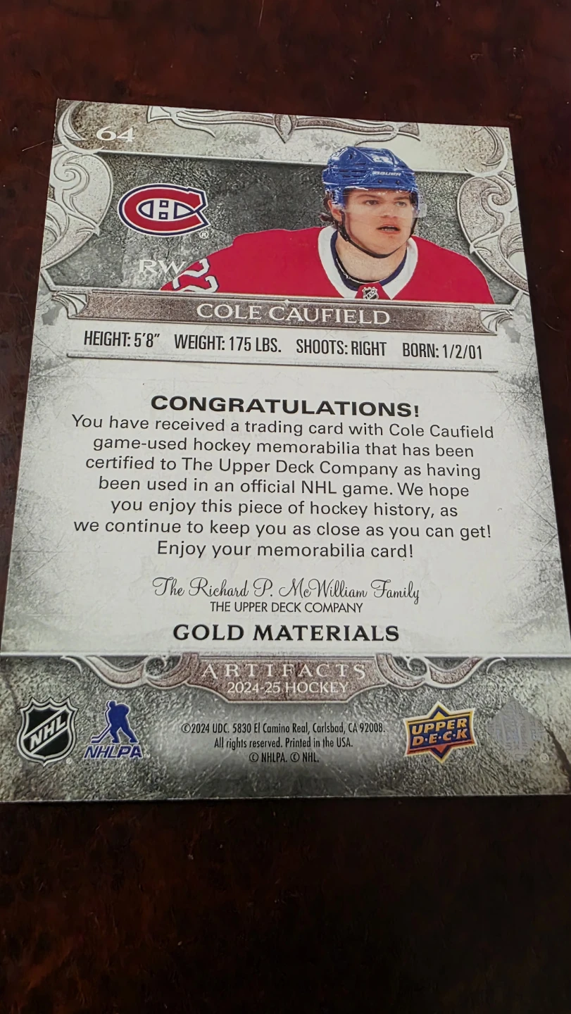 Cole Caufield Artifacts Hockey Card - photo 2