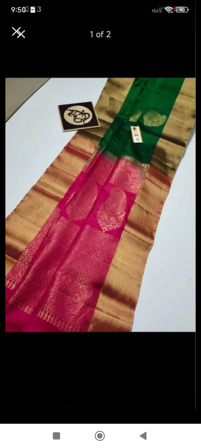 Women's Silk Saree Green and Pink with Gold Border