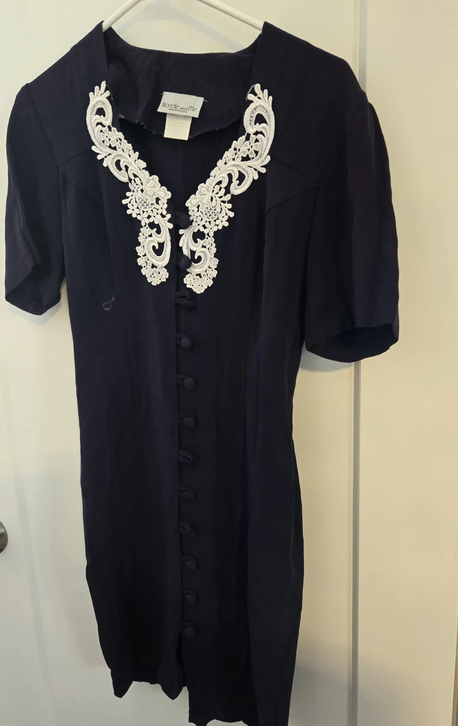 Vintage Blue Dress with White Lace Detail