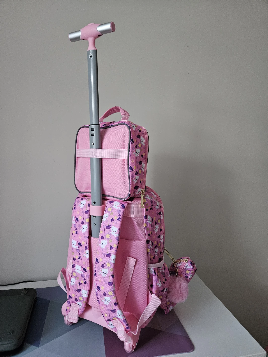 Pink Cat Sequin Rolling Backpack with Lunch Bag & Pencil Case - photo 4
