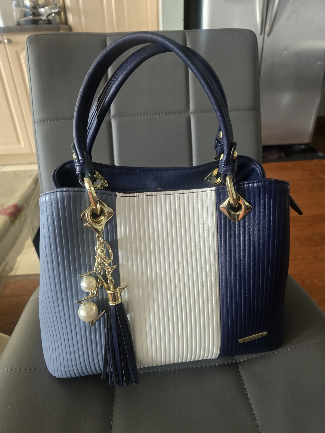 Navy Blue Colour Block Handbag with Gold Accents