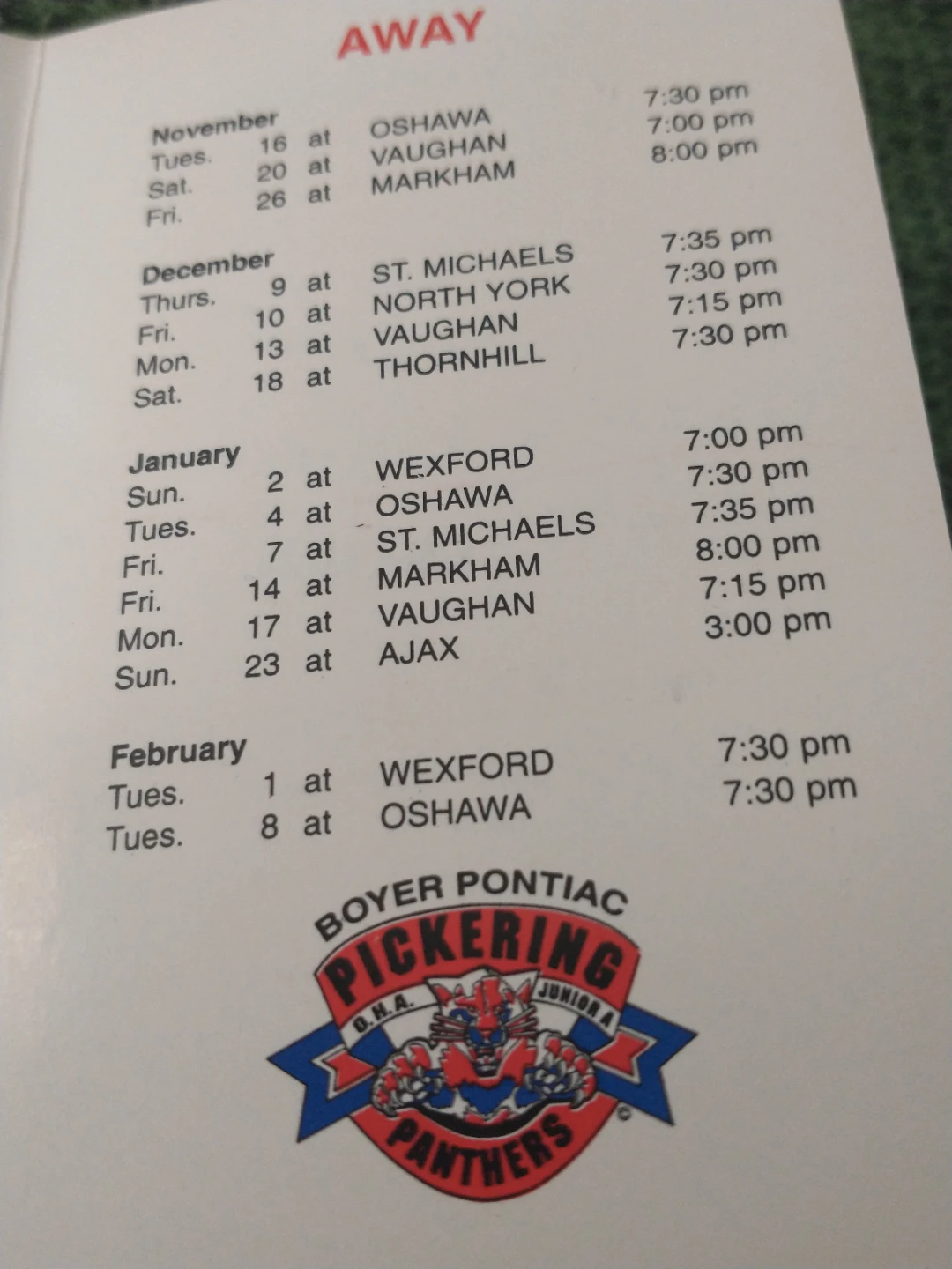 Pickering Panthers OHA Junior A Home & Away Schedule 1999-2000 - photo 3
