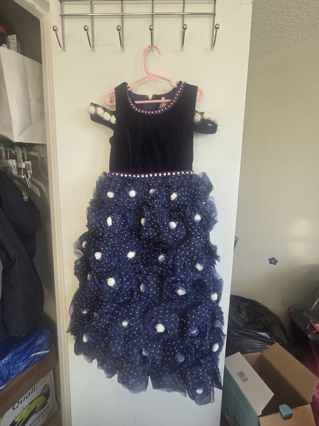 Kids Navy Blue Velvet Dress with Ruffles