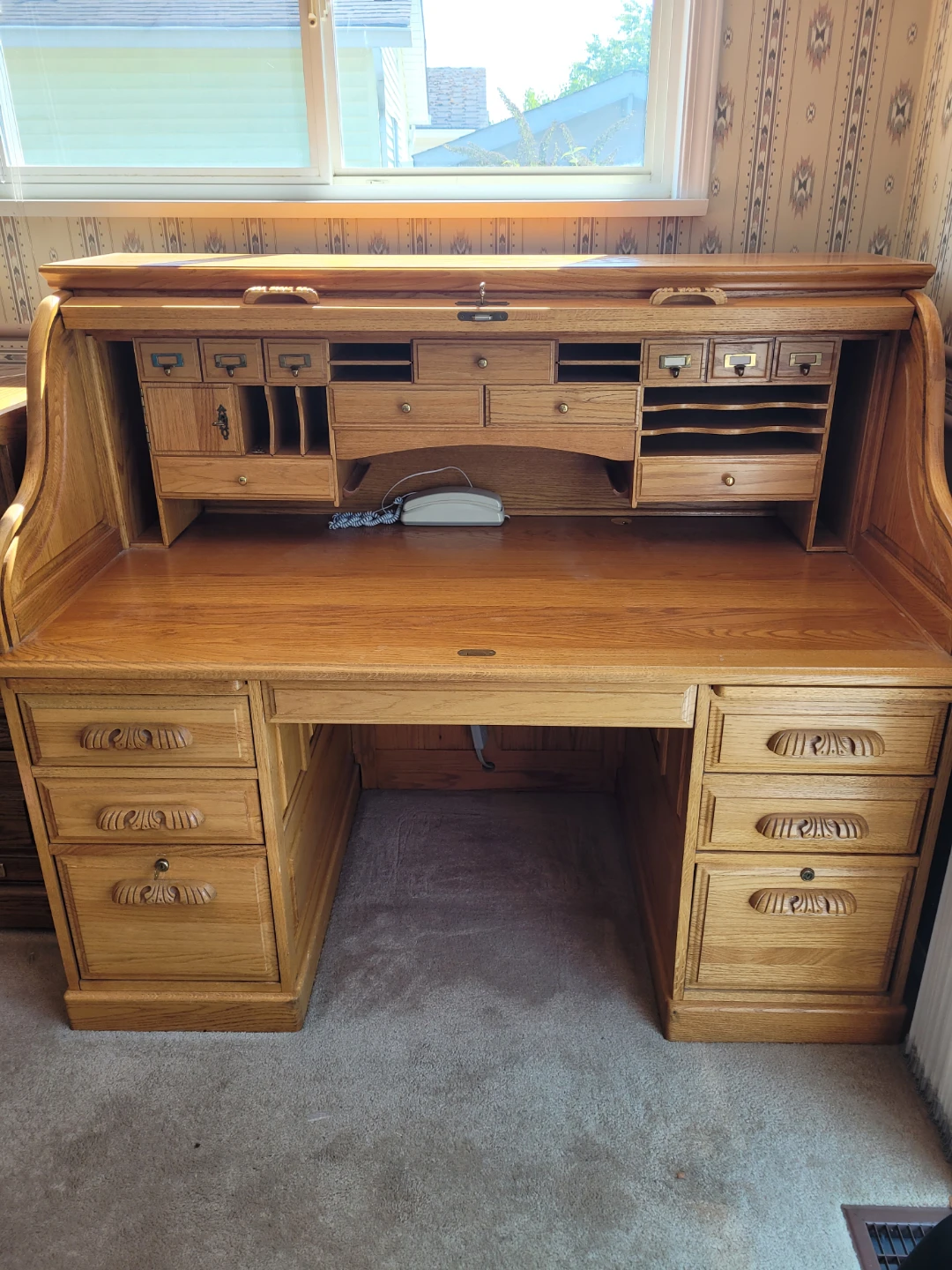 Oak Roll Top Desk with Multiple Drawers