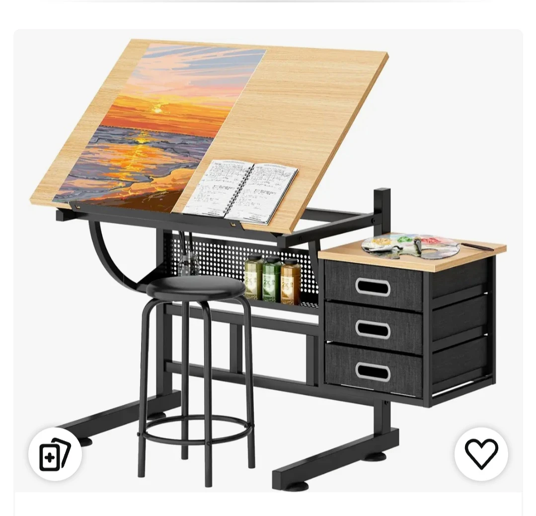 Adjustable Drafting Table with Stool and Storage Drawers