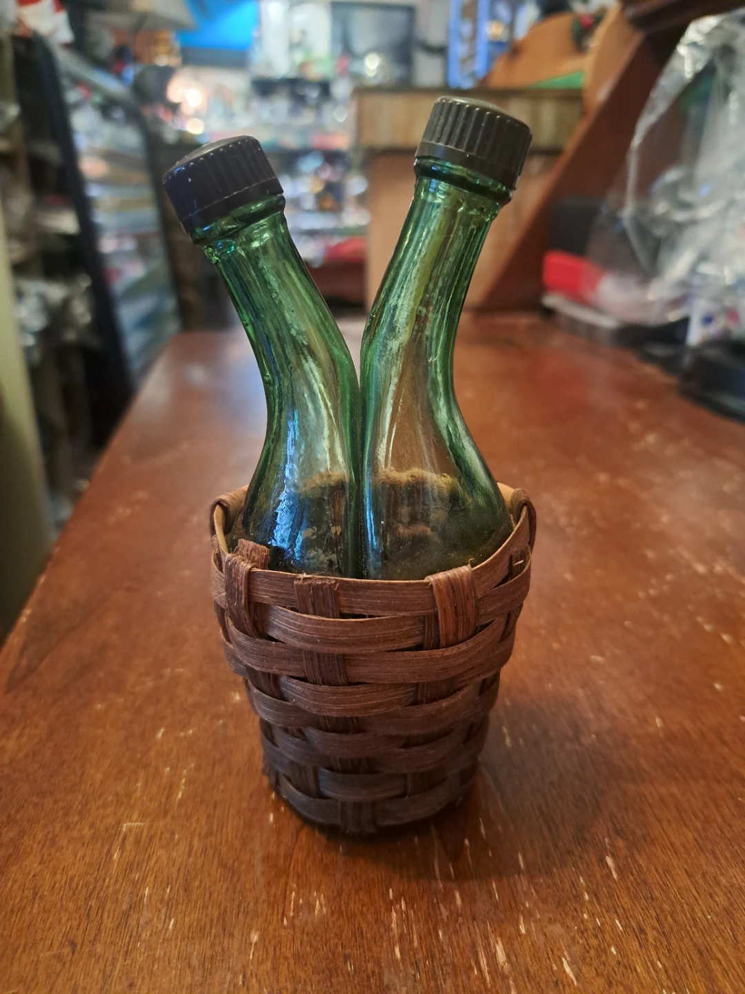 Vintage Green Glass Mini Bottles in Basket