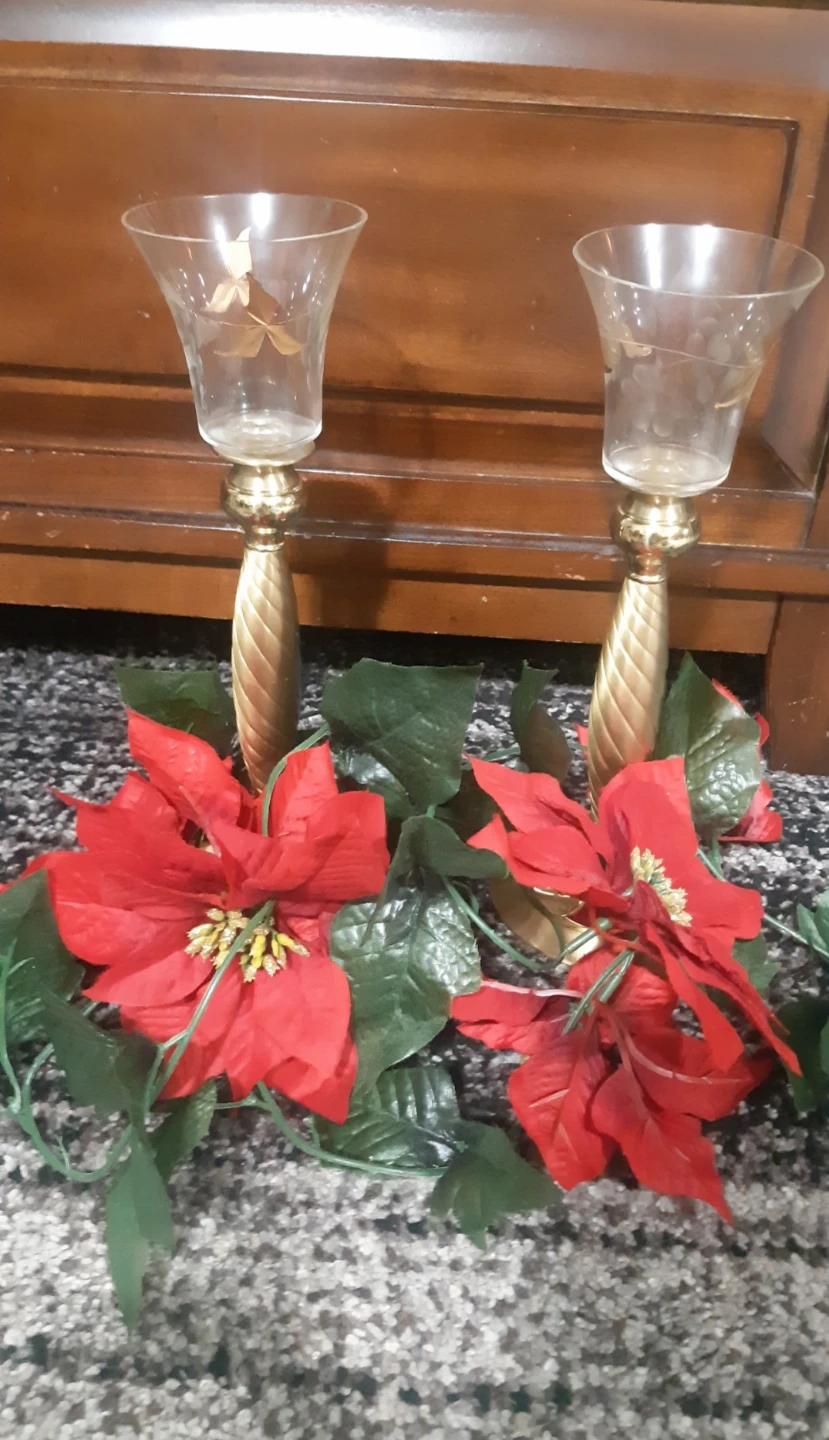 Set of 2 Vintage solid Brass Candlesticks with Glass Holders