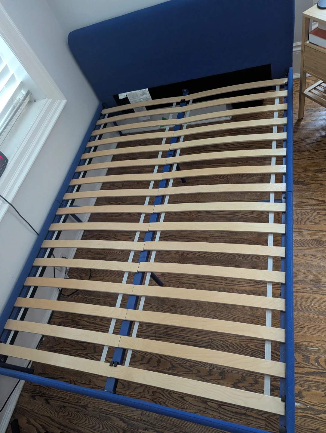 Full size IKEA SLATTUM upholstered blue bed frame with Slats