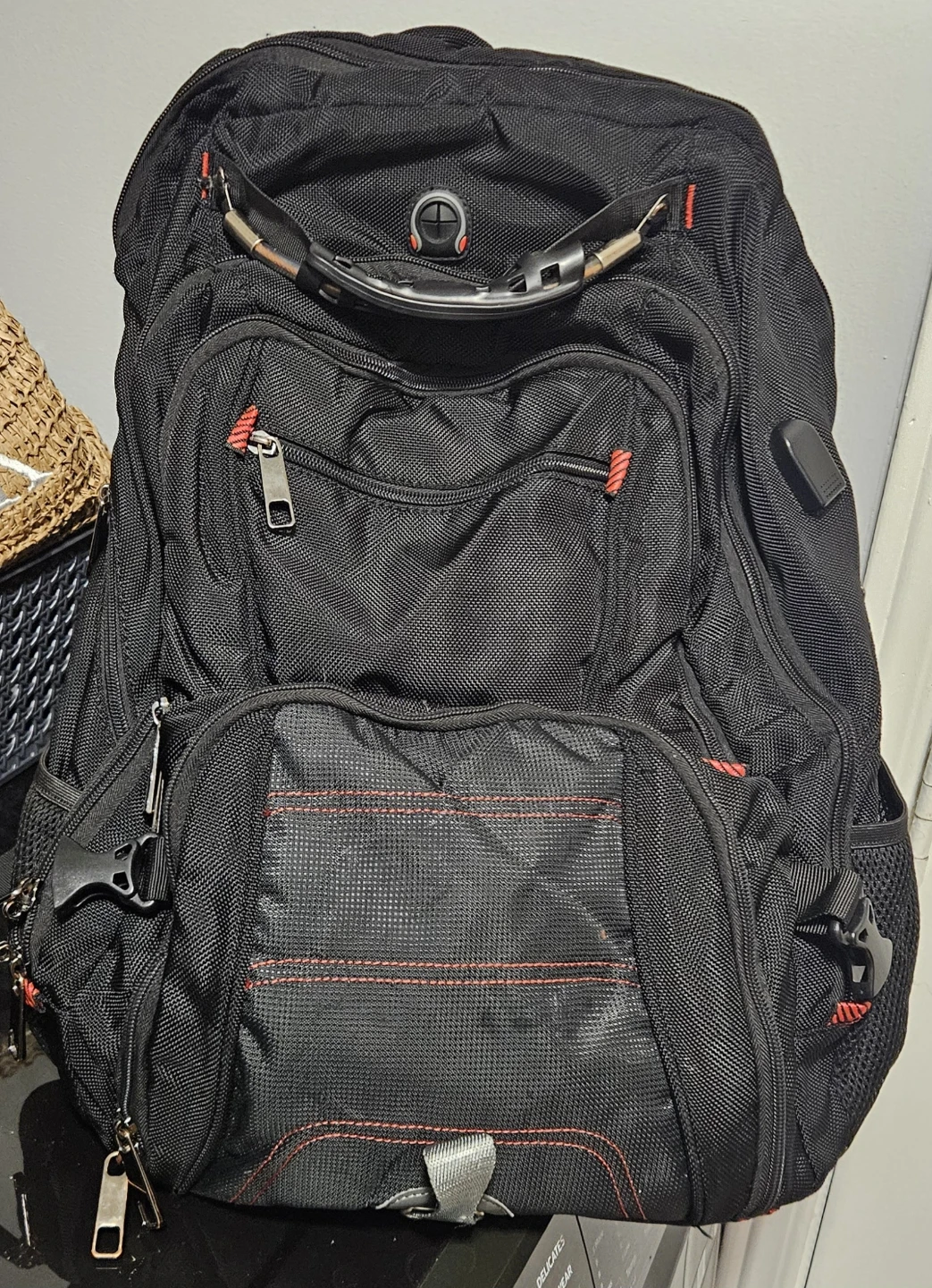 Black Backpack with Red Stitching