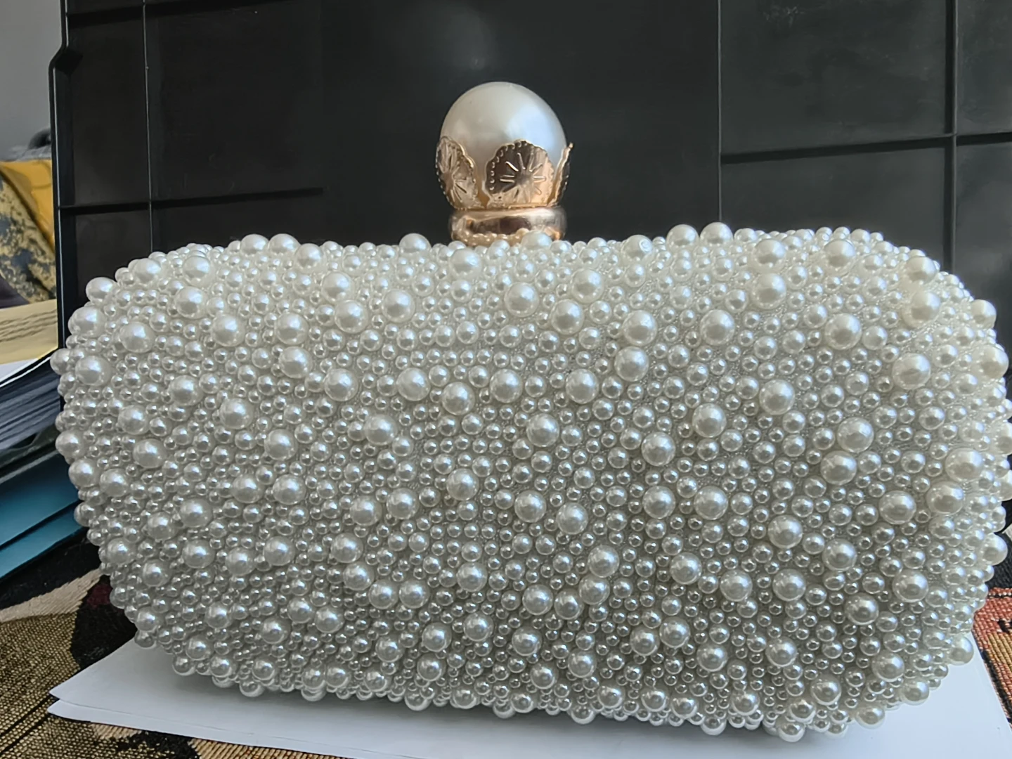 Pearls Evening Clutch Bag with gold back.
