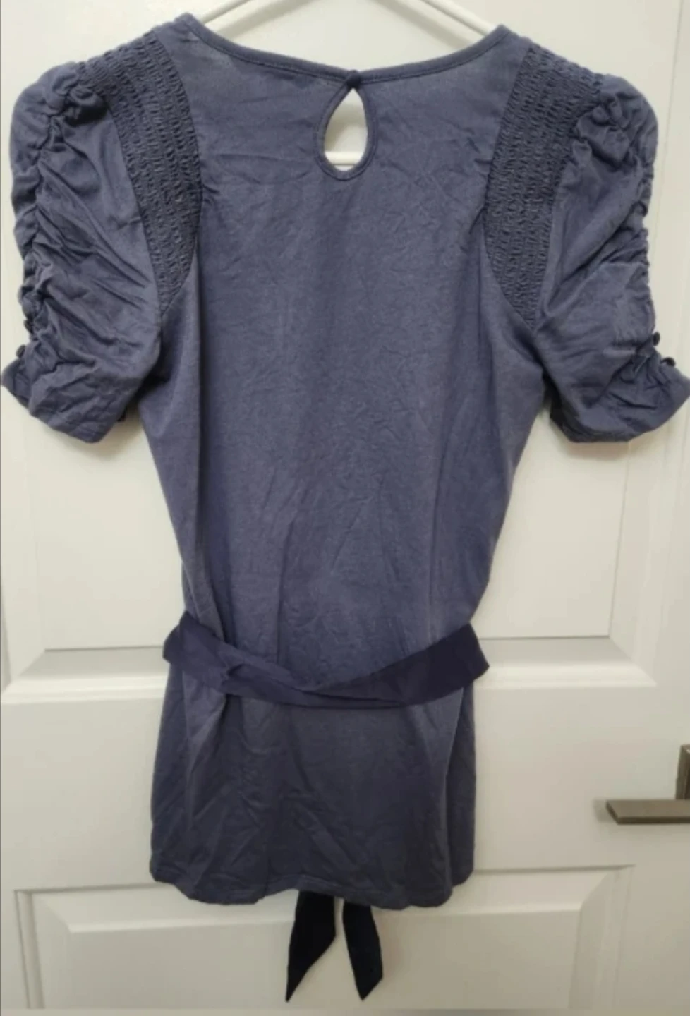 Dusty Blue Smocked Sleeve Top with Belt - photo 2