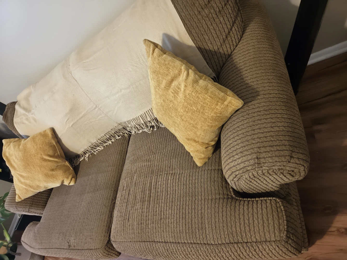 Brown Sofa with Throw Pillows and Blanket - photo 3