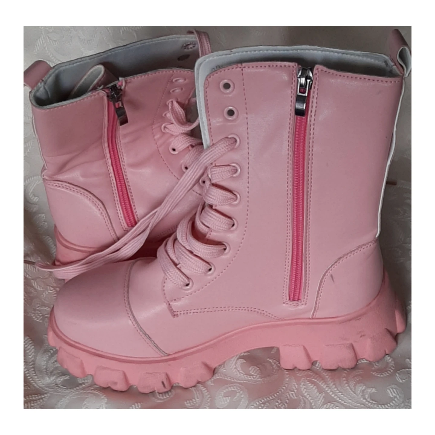 Pink Lace-Up Combat Boots with Side Zippers