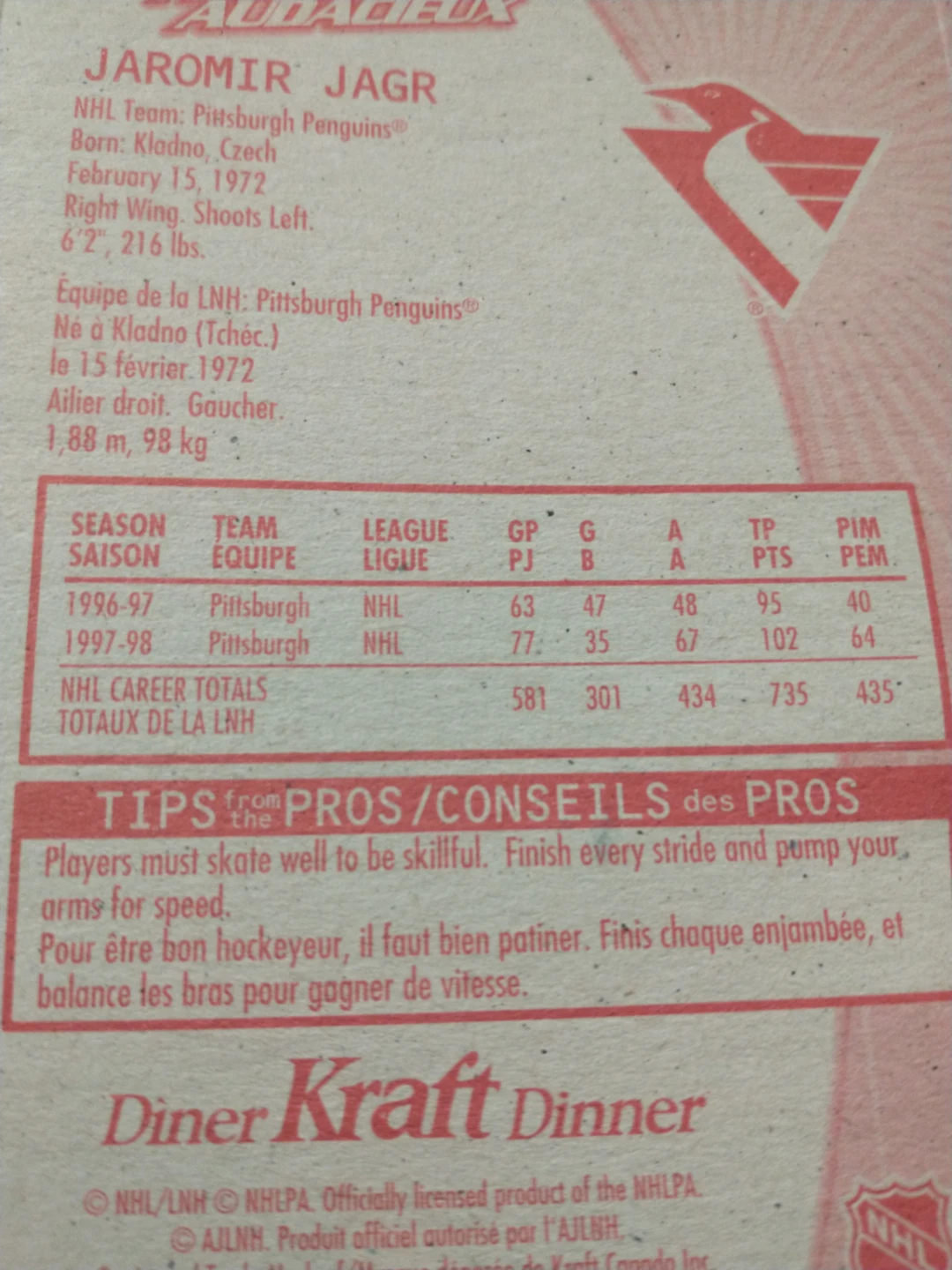 Nice Jaromir Jagr Pittsburgh Penguins 1998/1999 Kraft Hockey Car - photo 5