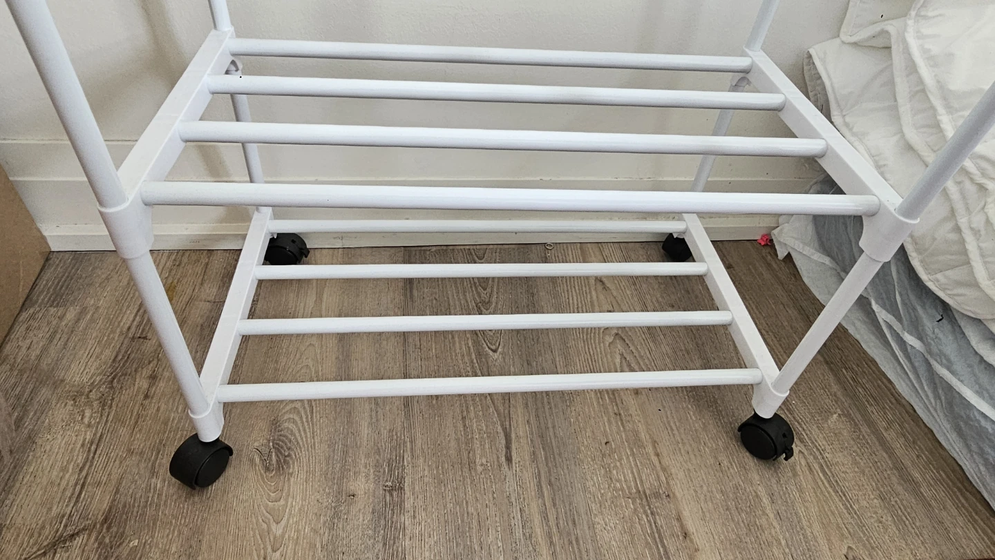 White Metal Garment Rack with Shelves and Wheels - photo 4