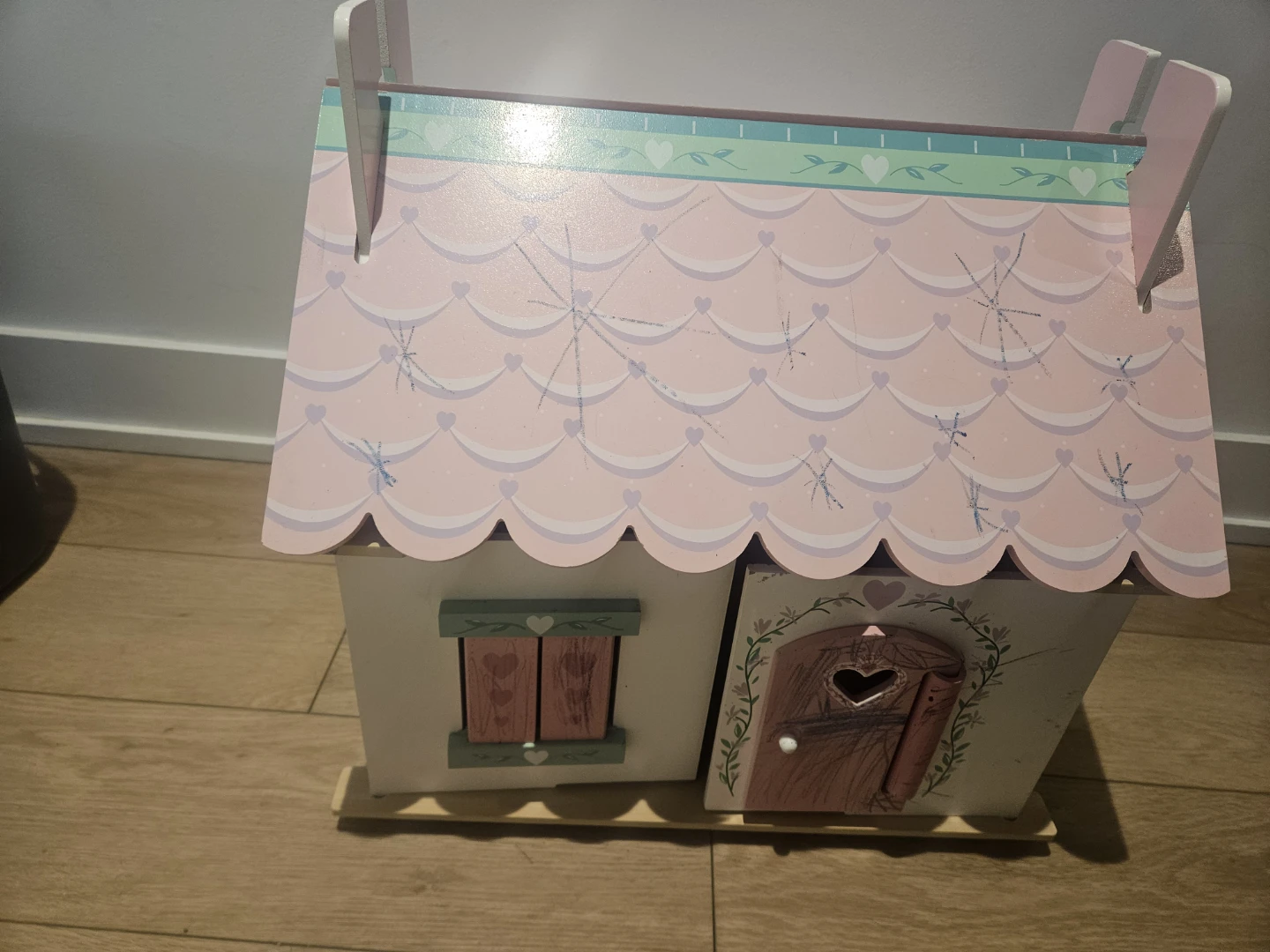 Wooden Dollhouse with Pink Roof