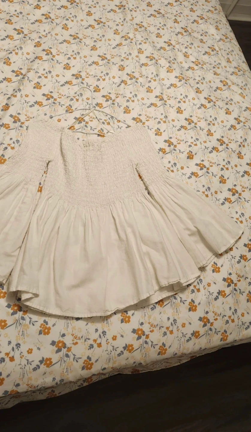 White Smocked Off-the-Shoulder Blouse with Bell Sleeves