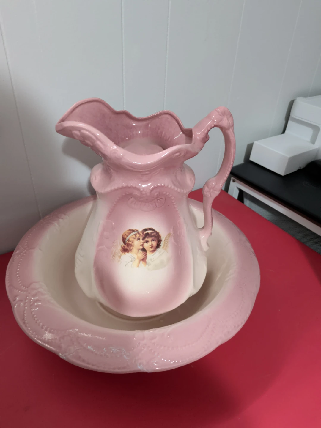 Pink Pitcher and Bowl Set with Cherub Design