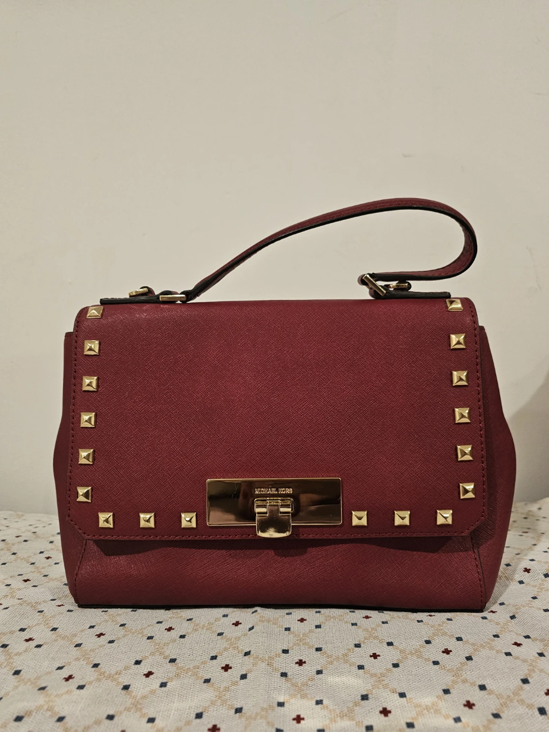 Michael Kors Sandrine Studded Burgundy Leather Satchel