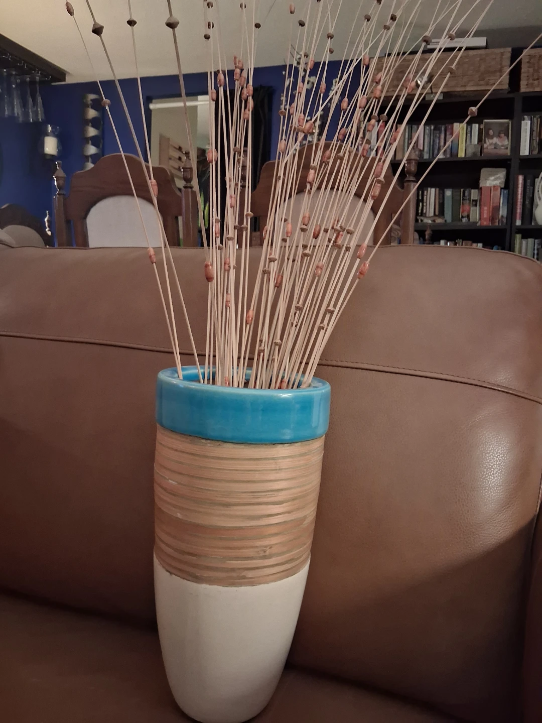 12"  Ceramic Boho/Coastal Vase with Wooden Bead Sprays!