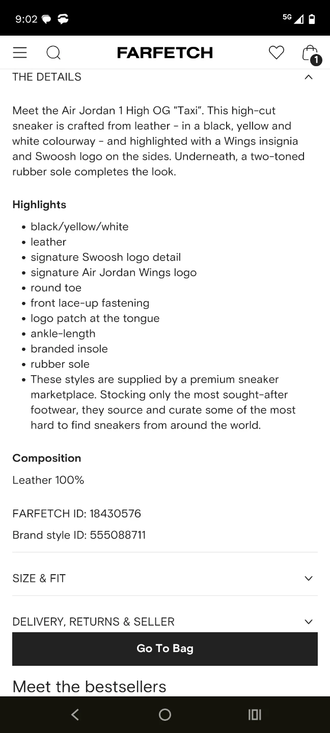 Air Jordan 1 High OG "Taxi" Sneakers - photo 4