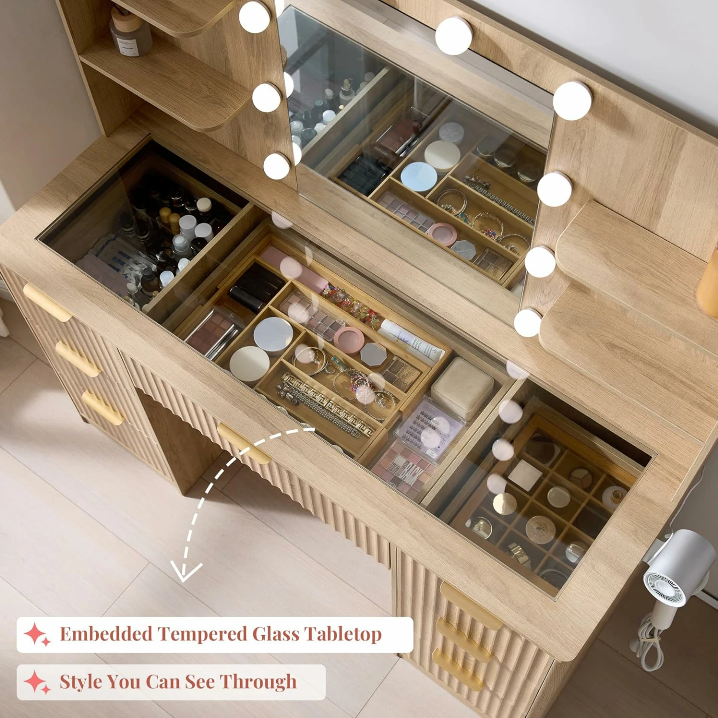 JoFluted Vanity Desk with Mirror & LED Lights - BLACK - photo 3