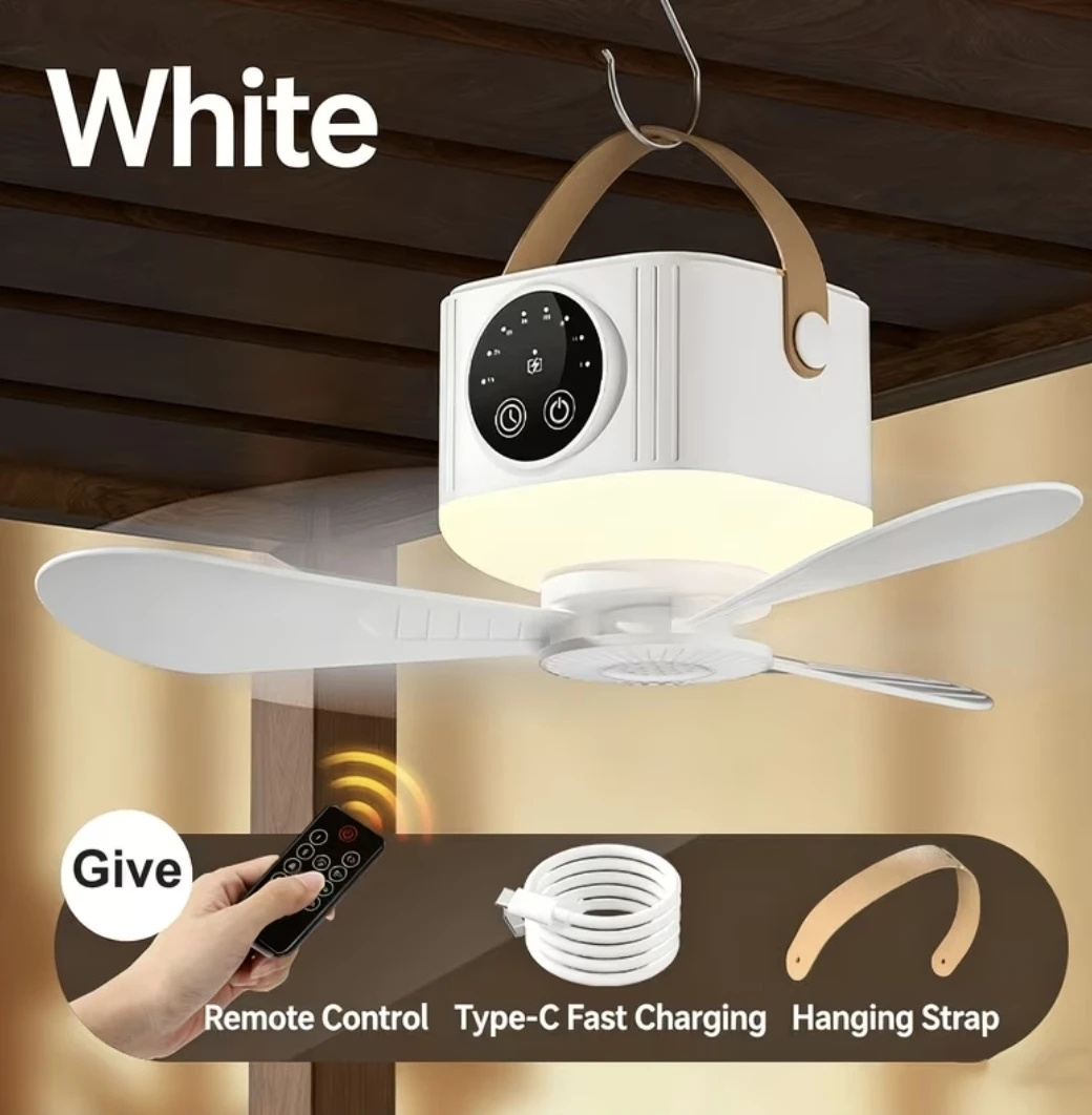 White Portable Camping Fan with Light and Remote